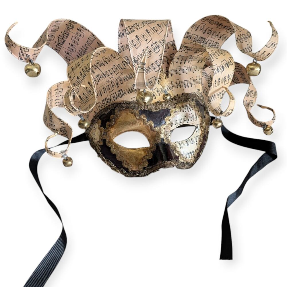 Venetian Jolly Mask with Musical Notes Golden Bells Handmade in Italy Masquerade